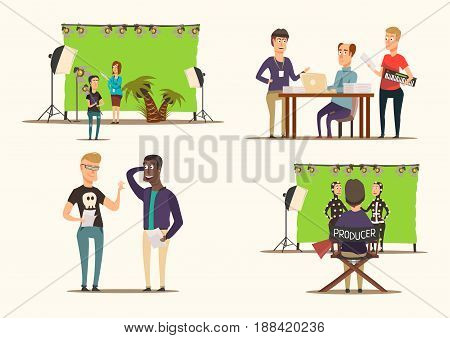 Movie making process and shooting team characters 2x2 flat concept isolated on white background vector illustration