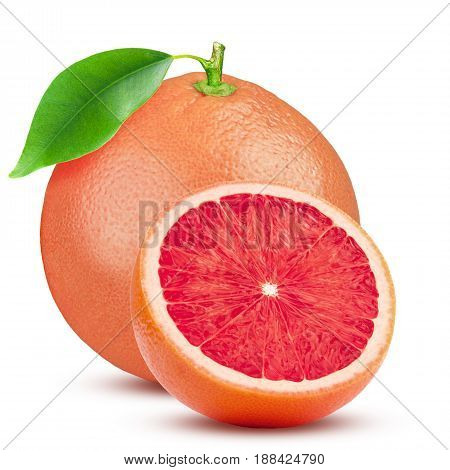 Grapefruit with leaf isolated on white background. With clipping path. Full depth of field