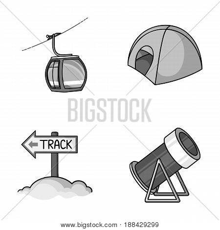 Funicular, tent, road sign, snow cannon. Ski resort set collection icons in monochrome style vector symbol stock illustration .