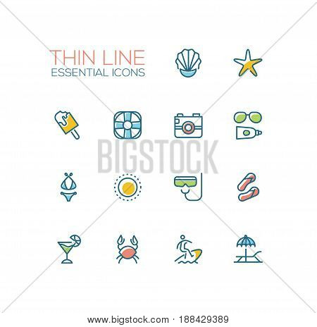 At the Beach - modern vector line design icons set. Seashell, sea star, ice cream, life ring, camera, sun glasses, sunscreen, swimwear, palm tree, snorkel, sandshoes, cocktail crab surfing lounge chair