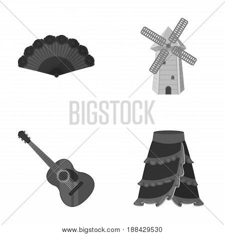 Fan Spanish, mill, guitar, skirt for national Spanish dances. Spain country set collection icons in monochrome style vector symbol stock illustration .