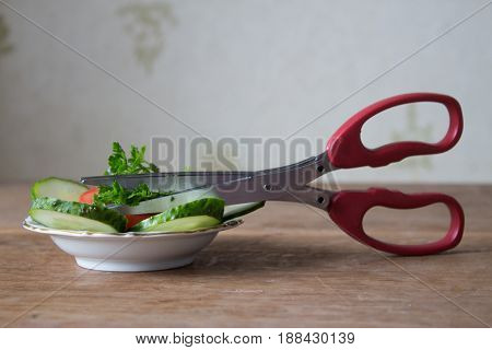 Special Herb Scissors With Multiple Blades. Green Parsley Cut Into Special Scissors. Wooden Board