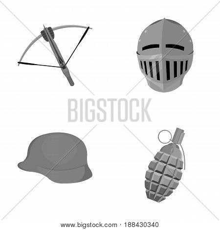 Crossbow, medieval helmet, soldier's helmet, hand grenade. Weapons set collection icons in monochrome style vector symbol stock illustration .
