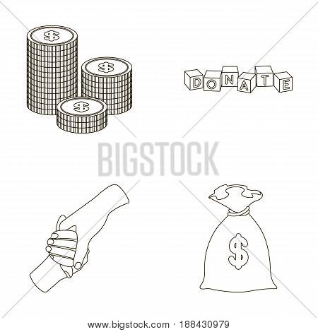 A pile of coins for donations, colored cubes with an inscription, a handshake, a bag of money for donations. Charity and donation set collection icons in outline style vector symbol stock illustration .