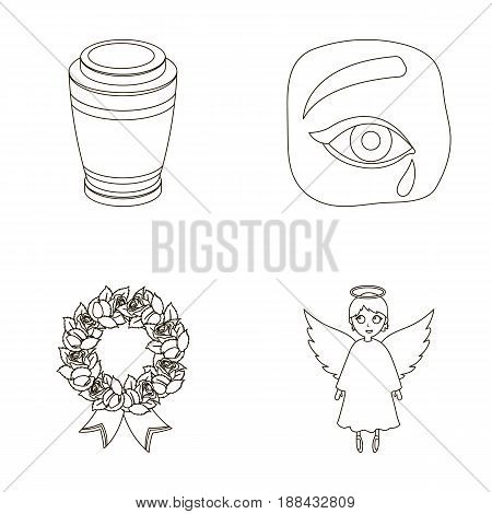 The urn with the ashes of the deceased, the tears of sorrow for the deceased at the funeral, the mourning wreath, the angel of death. Funeral ceremony set collection icons in outline style vector symbol stock illustration .