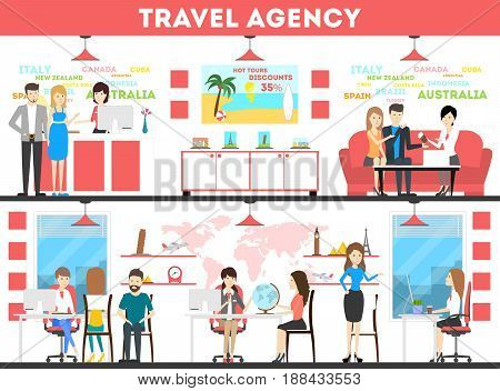 Travel agency interior set. Agents with visitors decide where to go.