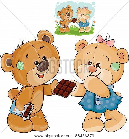 Vector illustration of a brown teddy bear sweet tooth unfurled a chocolate bar and gives it to his girlfriend. Print, template, design element