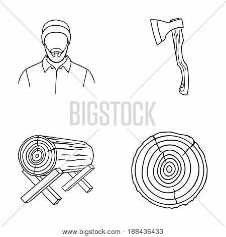 Carpenter, log on supports, ax, cut logs. Sawmill and timber set collection icons in outline style vector symbol stock illustration .