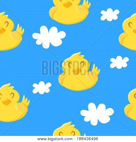Seamless pattern with cute duck and clouds on blue background. Ornament for textiles and wrapping. Vector.