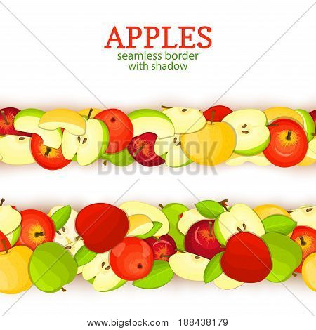 Ripe apples Horizontal seamless borders . Vector illustration card Wide and narrow endless strip with Juisy apple fruits whole and slice, leaf for design of juice breakfast, healthy eating, detox
