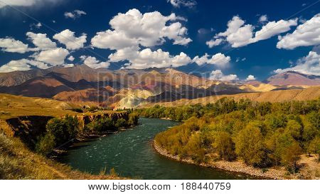 Landscape of colored mountain near Kokemeren river in Djumgal Kyrgyzstan