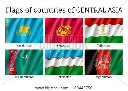 Set of flags of central Asia, Kazakhstan, Kyrgystan, Tajikistan, Turkmenistan, Uzbekistan, Afghanistan, realistic and wind waving, silky material. Vector illustration