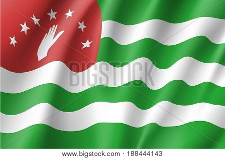 Waving flag of Republic of Abkhazia. Patriotic national sign, horizontal stripes in green and white, open hand on a red field, adopted in 1992. Vector icon illustration