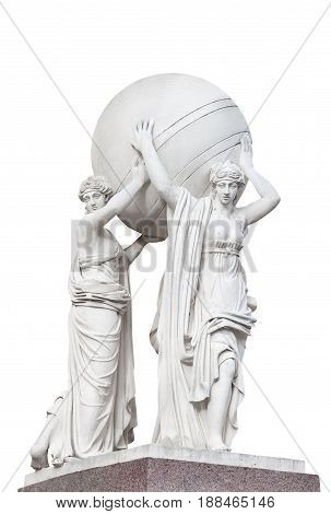 Statues of nymphs carrying the earth's sphere isolated on a white background part of facade of the Main Admiralty (built in 1811) Saint Petersburg Russia
