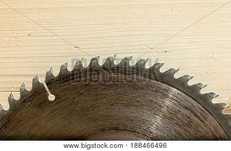 Circular saw. Metal toothed disc. Joiners (carpenters) tool for cutting wood. Close-up.