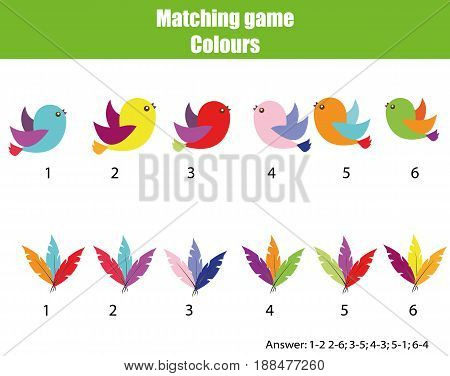 Educational children game. Matching game worksheet for kids. Match by color. Find pairs of birds and feathers. Learning colors animals theme