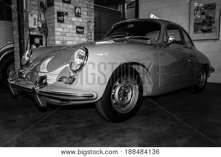 BERLIN GERMANY - MAY 17 2014: Sports car Porsche 356 Coupe. Black and white. 27th Oldtimer Day Berlin - Brandenburg