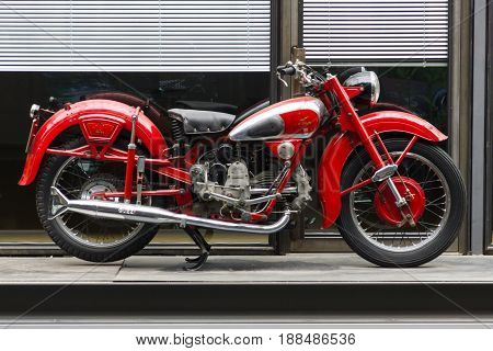 BERLIN GERMANY - MAY 17 2014: Motorcycle Moto Guzzi Airone. 27th Oldtimer Day Berlin - Brandenburg