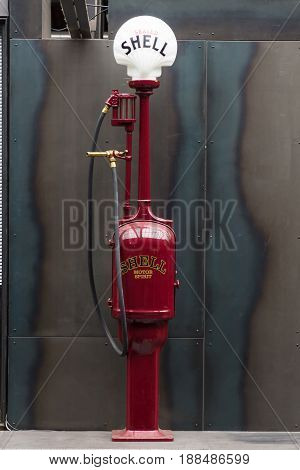 BERLIN GERMANY - MAY 17 2014: Fuel dispenser G&B Model T8 nickname Fat Lady (1918). 27th Oldtimer Day Berlin - Brandenburg