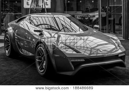 BERLIN GERMANY - MAY 17 2014: Concept car New Stratos by Fenomenon (2005). Black and white. 27th Oldtimer Day Berlin - Brandenburg