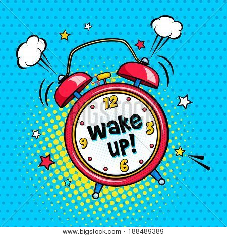 Background with red comic alarm clock ringing and expression wake up text on the dial. Vector bright dynamic cartoon illustration in retro pop art style on halftone background.