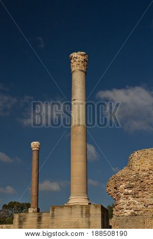 The ruins pillars of Carthage in Tunisia in sunny day
