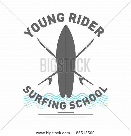 Surfing school logo. Monochrome surfboard with waves and lettering. Vector