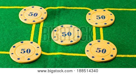 Five chips on the poker field such chips constitute the prize money to the player who wins the game