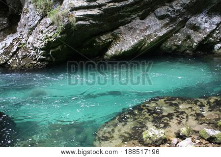 River Radovna flowing through Blejski Vintgar gorge in winter, Slovenia