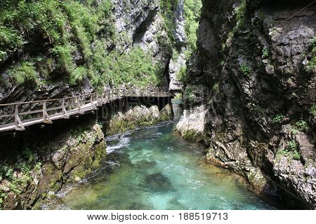 River Radovna flowing through Blejski Vintgar gorge in winter, Slovenia