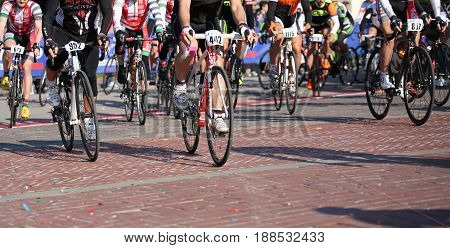 Vicenza, Vi, Italy - April 30, 2017: Group Of Cyclists With Racing Bikes During The Race Called Gran