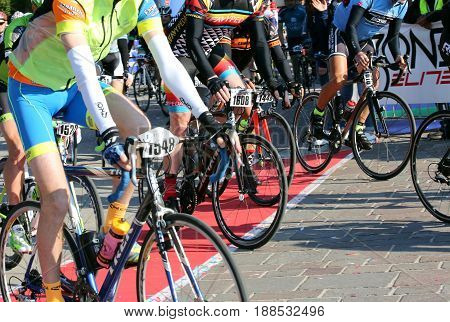 Vicenza, Vi, Italy - April 30, 2017: Group Of Cyclists With Racing Bikes During The Start Of The Bic