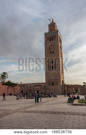 Marrakesh, Morocco - May 3, 2017: View at the Koutoubia Mosque with minaret in Marrakesh.