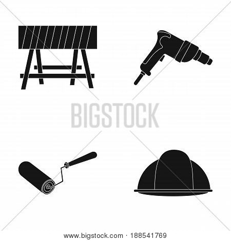 A barrier on the construction site, an electric drill, a roller for painting and a helmet. Build and repair set collection icons in black style vector symbol stock illustration .