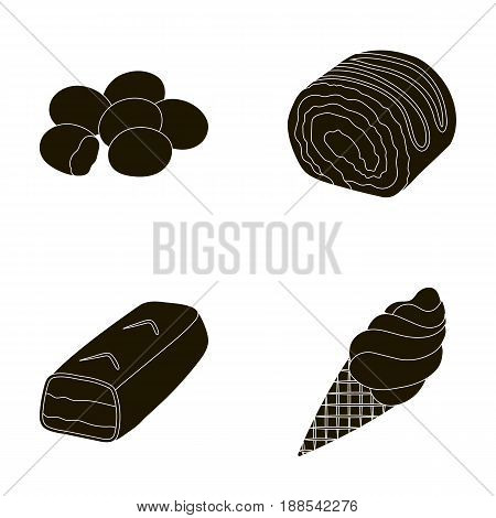 Roll, chocolate bar, ice cream. Chocolate desserts set collection icons in black style vector symbol stock illustration .