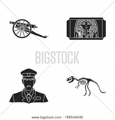 Gun on wheels, dinosaur skeleton, security guard in uniform, admission ticket. Museum set collection icons in black style vector symbol stock illustration .