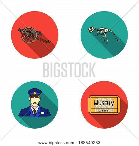 Gun on wheels, dinosaur skeleton, security guard in uniform, admission ticket. Museum set collection icons in flat style vector symbol stock illustration .