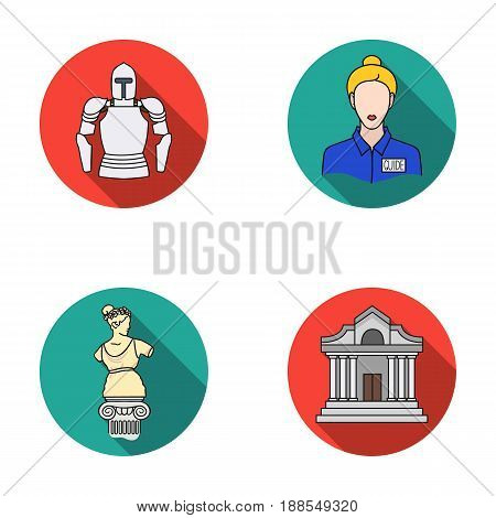Knight armor, guide, statue, museum building. Museum set collection icons in flat style vector symbol stock illustration .