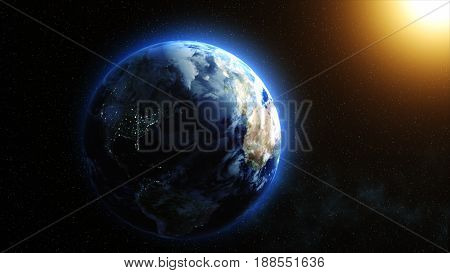 Sunrise Over The Earth. Imaginary View Of Planet Earth In Outer Space With The Rising Sun.