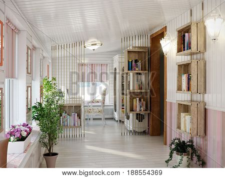 Classic Traditional Provence White and Pink Colors Veranda Home Office Interior Design With White furniture and White Wooden Wall Panels. 3d rendering