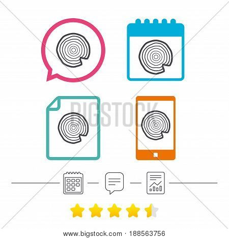 Wood sign icon. Tree growth rings. Tree trunk cross-section with nick. Calendar, chat speech bubble and report linear icons. Star vote ranking. Vector