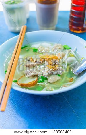 Thai Chinese Style Noodle With Beansprout. Street Food Lunch In Thailand.
