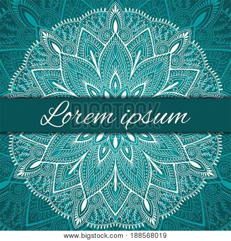 Blue vector invitation with mandala design element. Square invite template. Luxury floral weave pattern. Unusual greeting in oriental ethnic style. Round flower ornament. Decorative vintage print