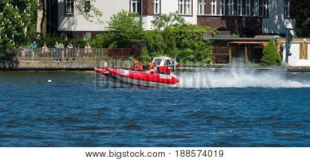 BERLIN GERMANY - MAY 03 2014: Demonstration rides on speedboats. 2nd Berlin water sports festival in Gruenau