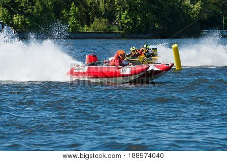 BERLIN GERMANY - MAY 03 2014: Demonstration rides on speedboats. 2nd Berlin water sports festival in Gruenau
