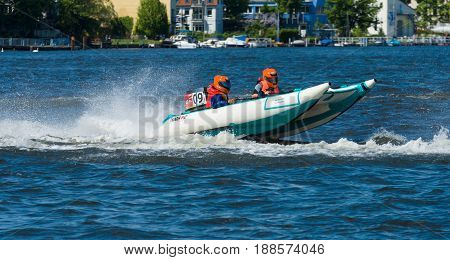 BERLIN GERMANY - MAY 03 2014: Demonstration rides on speedboats. 2nd Berlin water sports festival in Gruenau