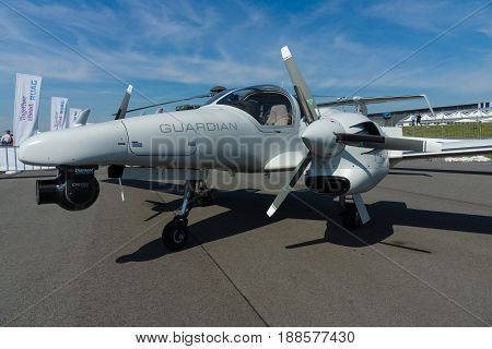 BERLIN GERMANY - MAY 21 2014: Airplane Diamond DA42 MPP Guardian. Exhibition ILA Berlin Air Show 2014