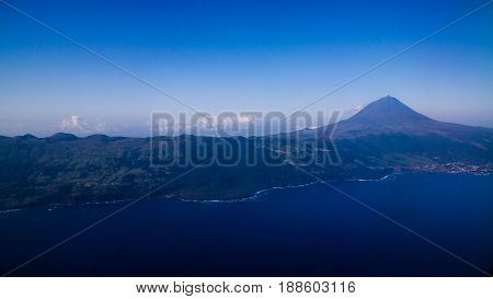Aerial view to Pico volcano and island AzoresPortugal
