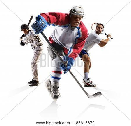 Multi sports collage ice hockey baseball tennisisolated on the white