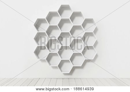 Empty white wall with hexagon shelves on the wall. 3D rendering